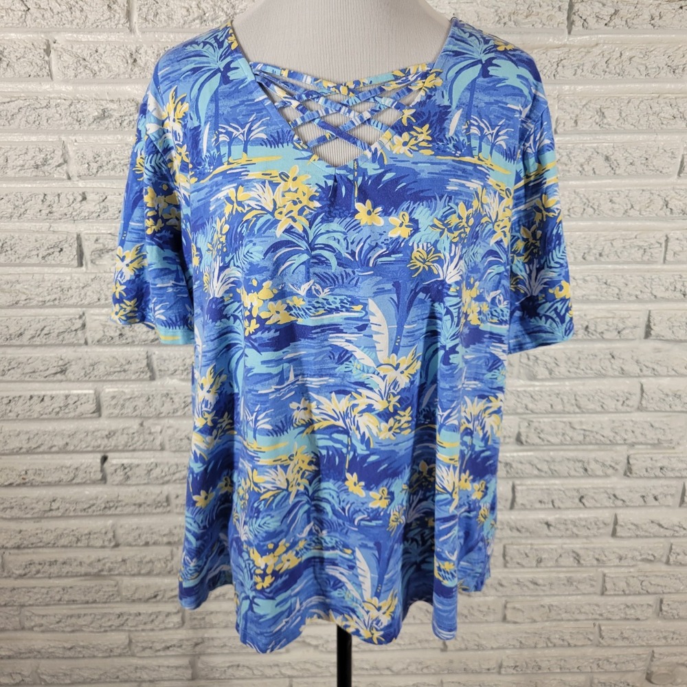 Coral Bay Tee 2X Plus Size Blue Yellow Tropical Floral Cotton V Neck Crisscross